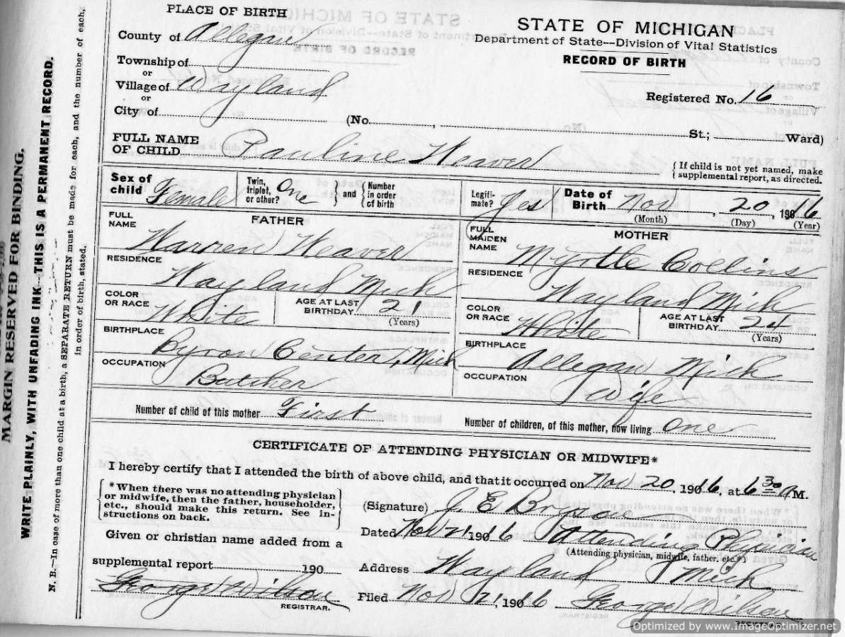 Wayland, Allegan Co., MI Register of Births 1911-1919