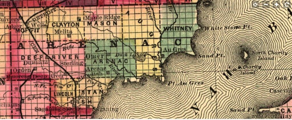 Railroad, township & sectional map detail showing Arenac County, 1885