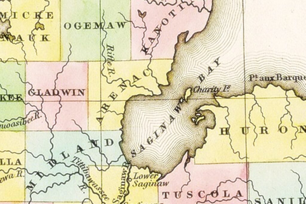 1842 Michigan map with its canals roads distances by H.S. Tanner
