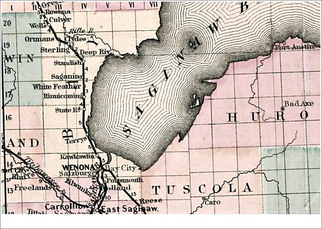 Railroad map of Michigan detail, Bay Co 1876