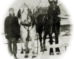 Martin Goodroe with 2 horses in winter, date unknown