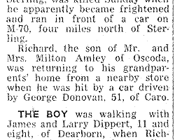 "Oscoda Boy Killed by Car: Grandson of Sterling Couple Dies of Injuries," date unknown