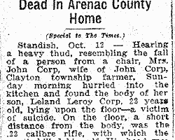 Leland Leroy Corp "Motive is Lacking in Youth's Suicide" 1931 news clipping