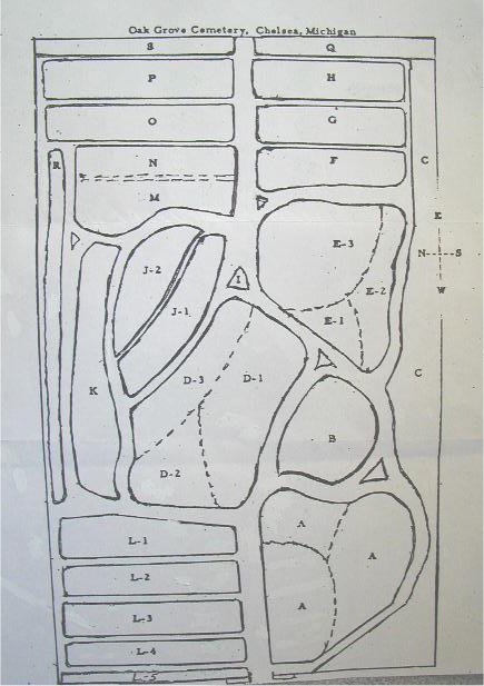 The map showing the layout of Oak Grove Cemetery